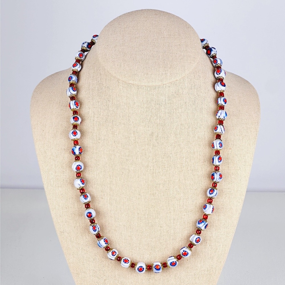 Vintage Murano Red White Blue Venetian Millefiori Glass Bead Necklace 22.5in